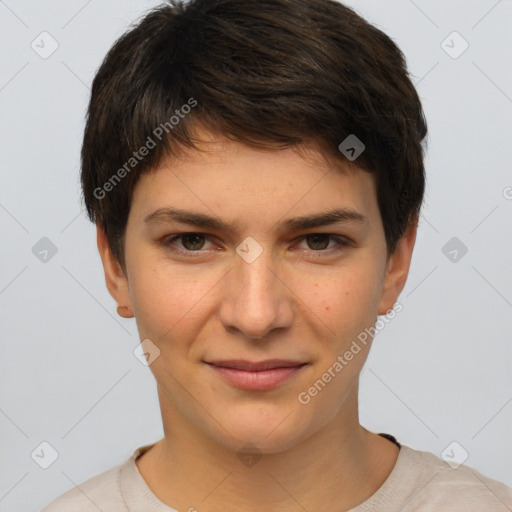 Joyful white young-adult female with short  brown hair and brown eyes