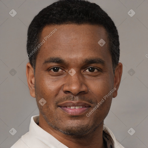 Joyful black young-adult male with short  brown hair and brown eyes