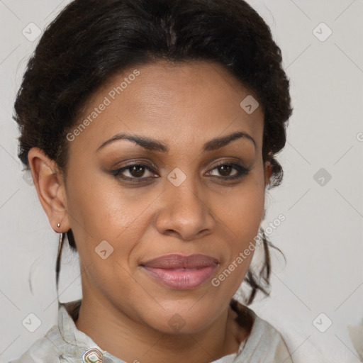 Joyful latino young-adult female with short  brown hair and brown eyes