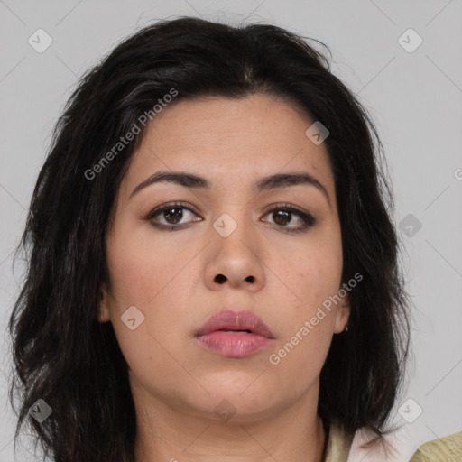 Neutral asian young-adult female with medium  brown hair and brown eyes