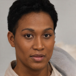 Neutral black young-adult female with short  brown hair and brown eyes