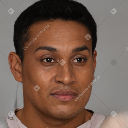 Joyful black young-adult male with short  brown hair and brown eyes