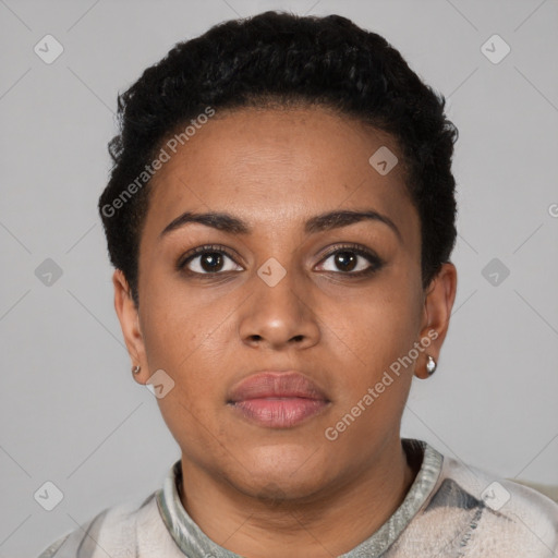 Neutral black young-adult female with short  black hair and brown eyes