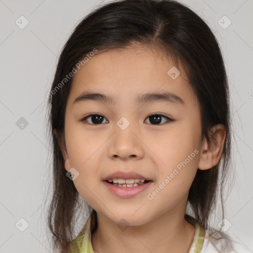 Joyful white child female with medium  brown hair and brown eyes