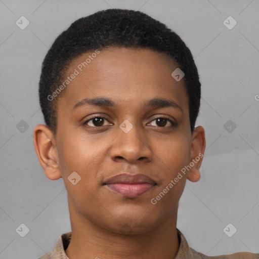 Joyful latino young-adult male with short  brown hair and brown eyes