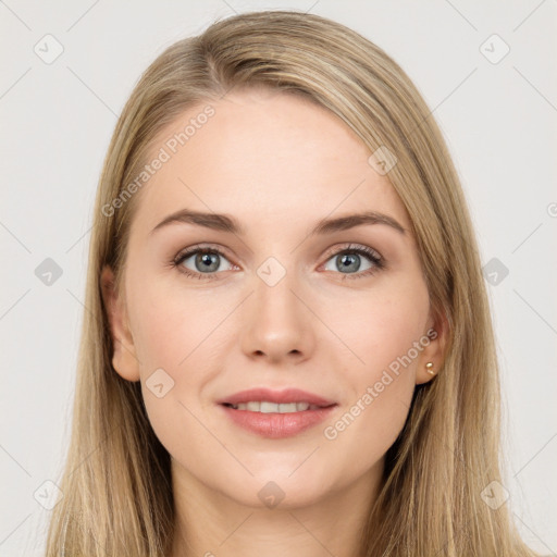 Joyful white young-adult female with long  brown hair and grey eyes