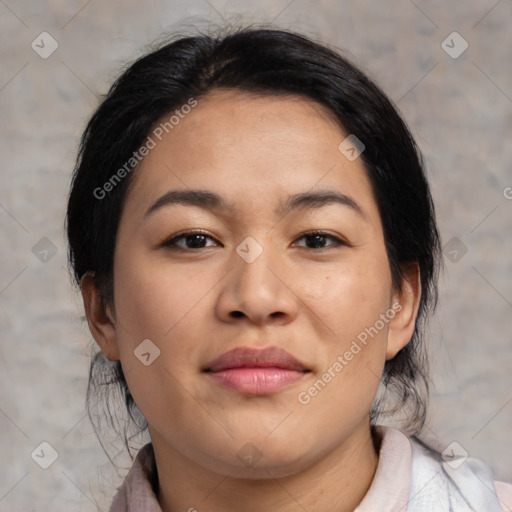 Joyful asian young-adult female with medium  brown hair and brown eyes