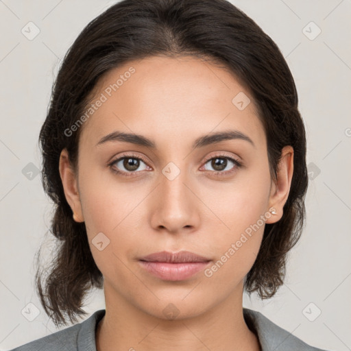 Neutral white young-adult female with medium  brown hair and brown eyes