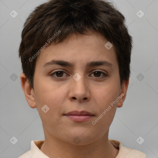 Neutral white young-adult female with short  brown hair and brown eyes