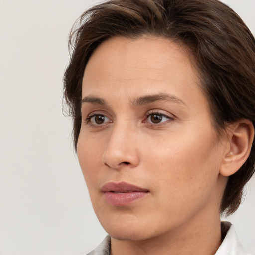 Neutral white young-adult female with medium  brown hair and brown eyes