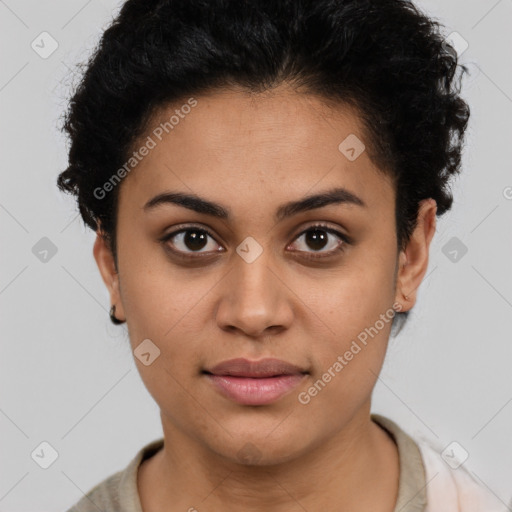 Joyful latino young-adult female with short  brown hair and brown eyes