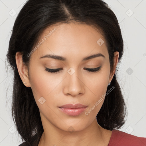 Joyful asian young-adult female with long  brown hair and brown eyes