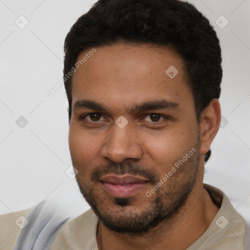 Joyful white young-adult male with short  black hair and brown eyes