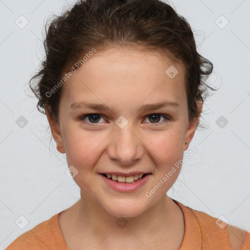 Joyful white child female with short  brown hair and brown eyes