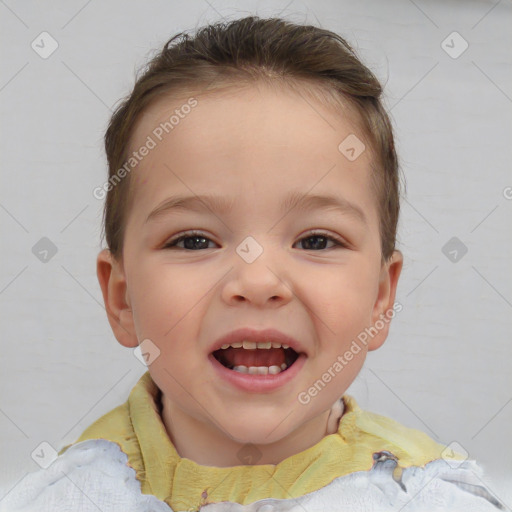 Joyful white child female with short  brown hair and brown eyes