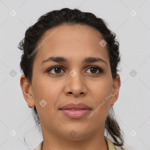 Joyful latino young-adult female with short  brown hair and brown eyes