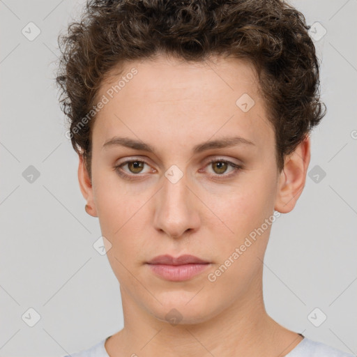 Neutral white young-adult female with short  brown hair and brown eyes