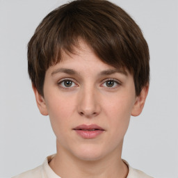 Neutral white young-adult female with short  brown hair and brown eyes