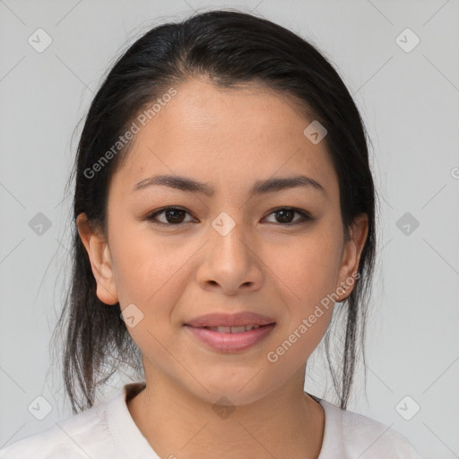 Joyful asian young-adult female with medium  brown hair and brown eyes