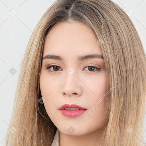 Neutral white young-adult female with long  brown hair and brown eyes