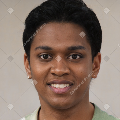 Joyful black young-adult male with short  black hair and brown eyes