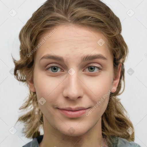 Joyful white young-adult female with medium  brown hair and green eyes