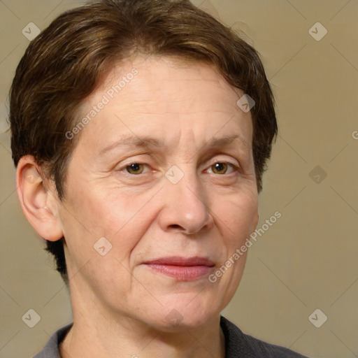 Joyful white adult male with short  brown hair and grey eyes