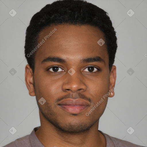 Joyful black young-adult male with short  brown hair and brown eyes