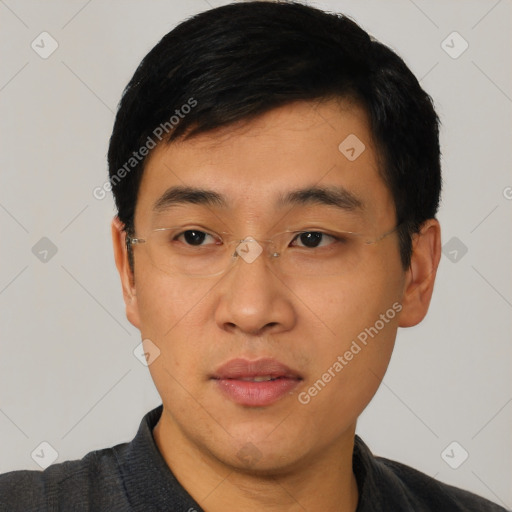 Neutral asian young-adult male with short  black hair and brown eyes