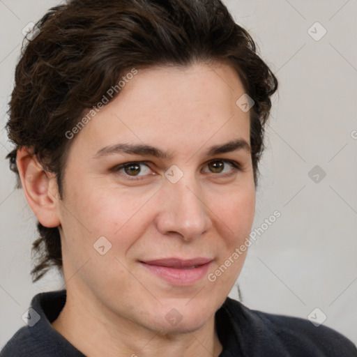 Joyful white adult female with short  brown hair and brown eyes