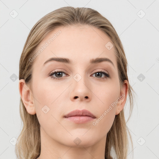 Neutral white young-adult female with long  brown hair and grey eyes