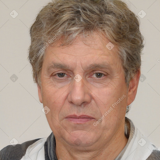 Joyful white middle-aged male with short  brown hair and brown eyes