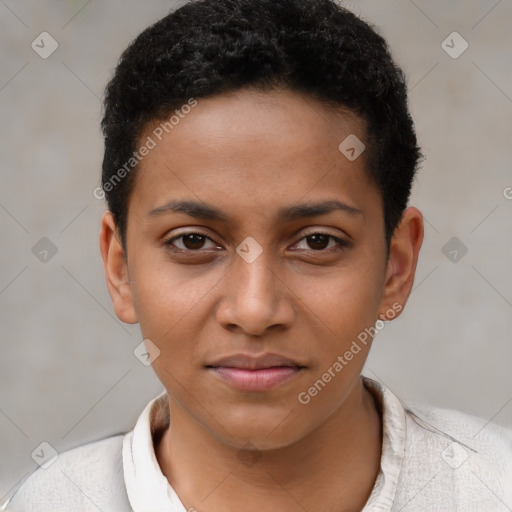 Joyful black young-adult female with short  brown hair and brown eyes