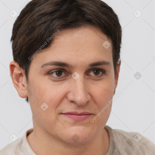 Joyful white young-adult female with short  brown hair and brown eyes