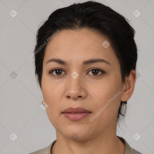 Neutral white young-adult female with short  brown hair and brown eyes