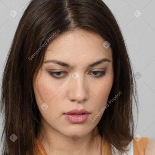 Neutral white young-adult female with long  brown hair and brown eyes