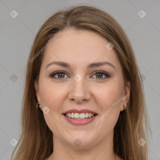 Joyful white young-adult female with long  brown hair and grey eyes