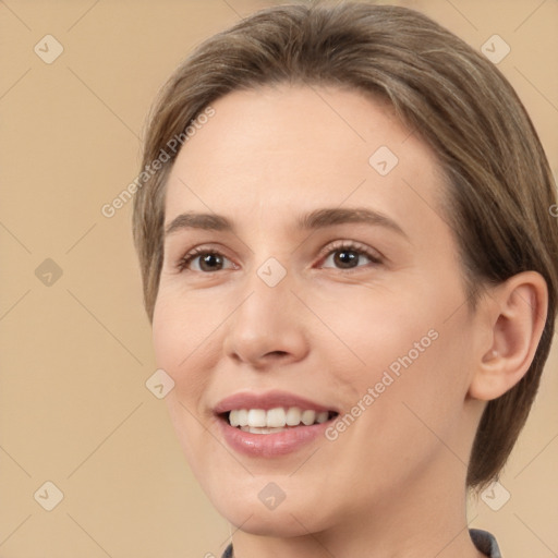 Joyful white young-adult female with medium  brown hair and brown eyes