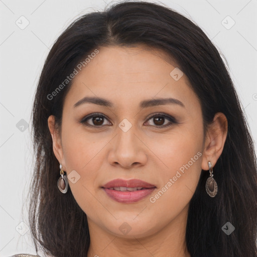 Joyful latino young-adult female with long  brown hair and brown eyes