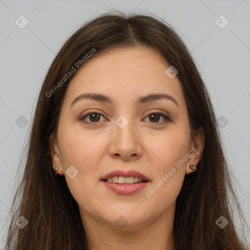 Joyful white young-adult female with long  brown hair and brown eyes