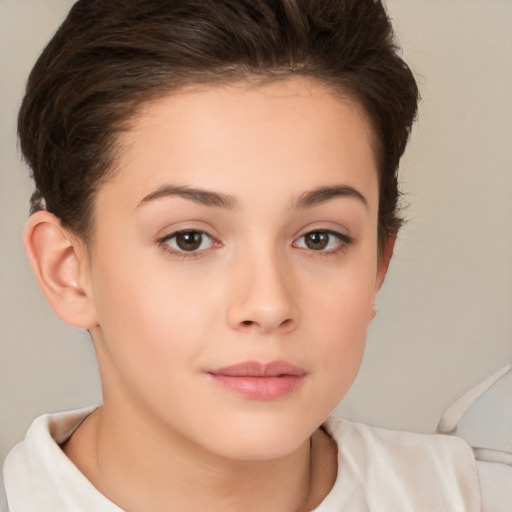 Neutral white young-adult female with short  brown hair and brown eyes