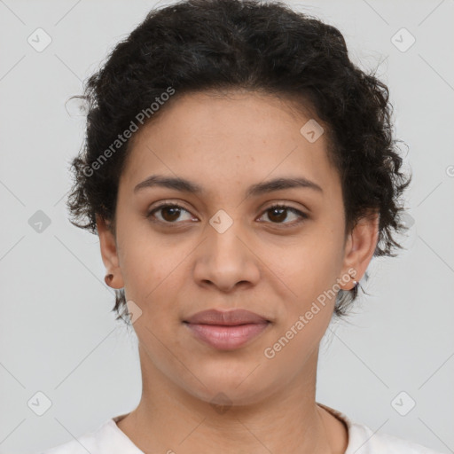 Joyful latino young-adult female with short  brown hair and brown eyes