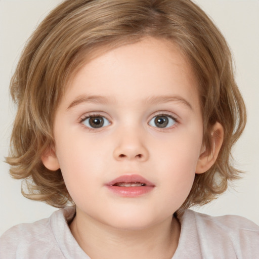 Neutral white child female with medium  brown hair and blue eyes