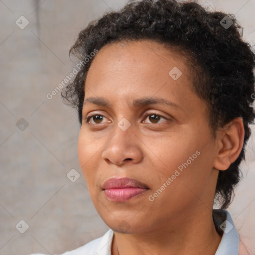 Joyful white adult female with short  brown hair and brown eyes