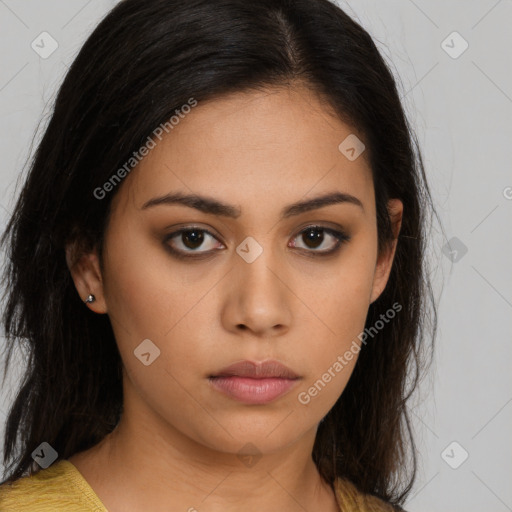 Neutral latino young-adult female with long  brown hair and brown eyes