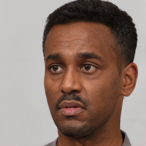 Neutral black adult male with short  black hair and brown eyes