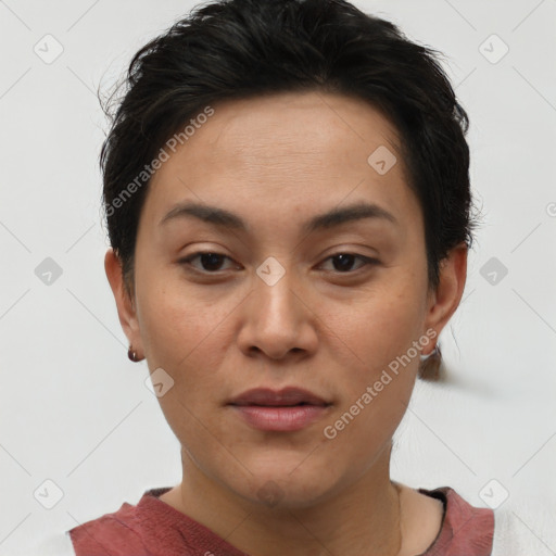 Joyful white young-adult female with short  brown hair and brown eyes