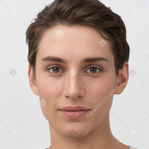 Joyful white young-adult female with short  brown hair and grey eyes