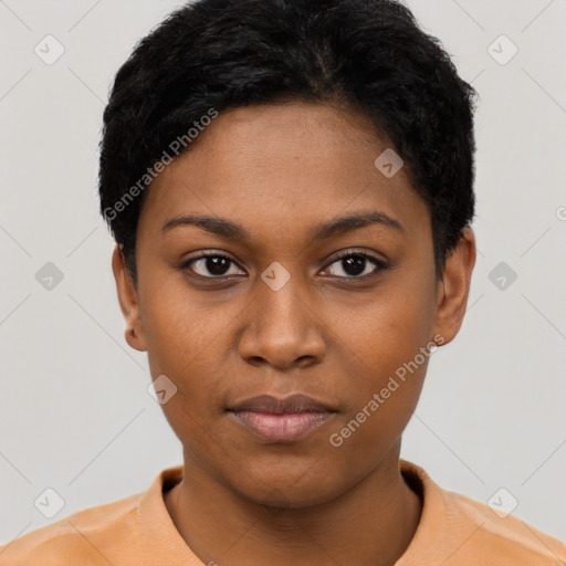 Neutral black young-adult female with short  black hair and brown eyes