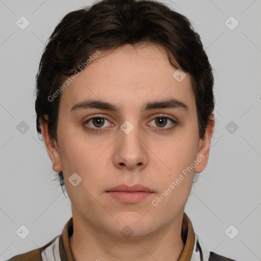 Neutral white young-adult male with short  brown hair and brown eyes